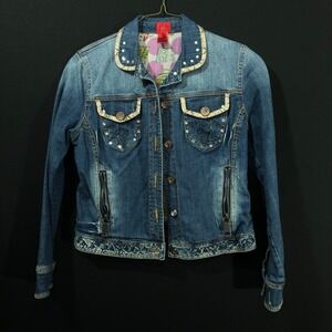 V Cristina‎ Womens Embroidered Bedazzled Denim Jacket Blue Cartoon Size Medium